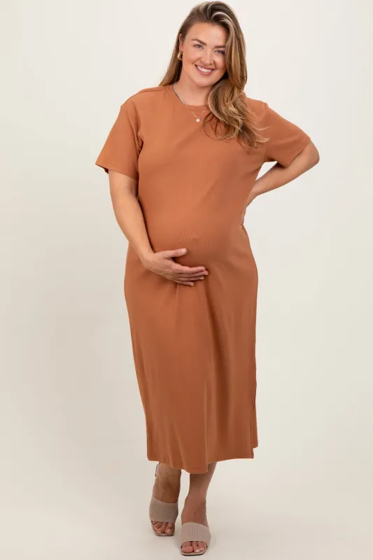 Camel Short Sleeve Side Slit Maternity Plus T-Shirt Midi Dress sold by Pinkblush