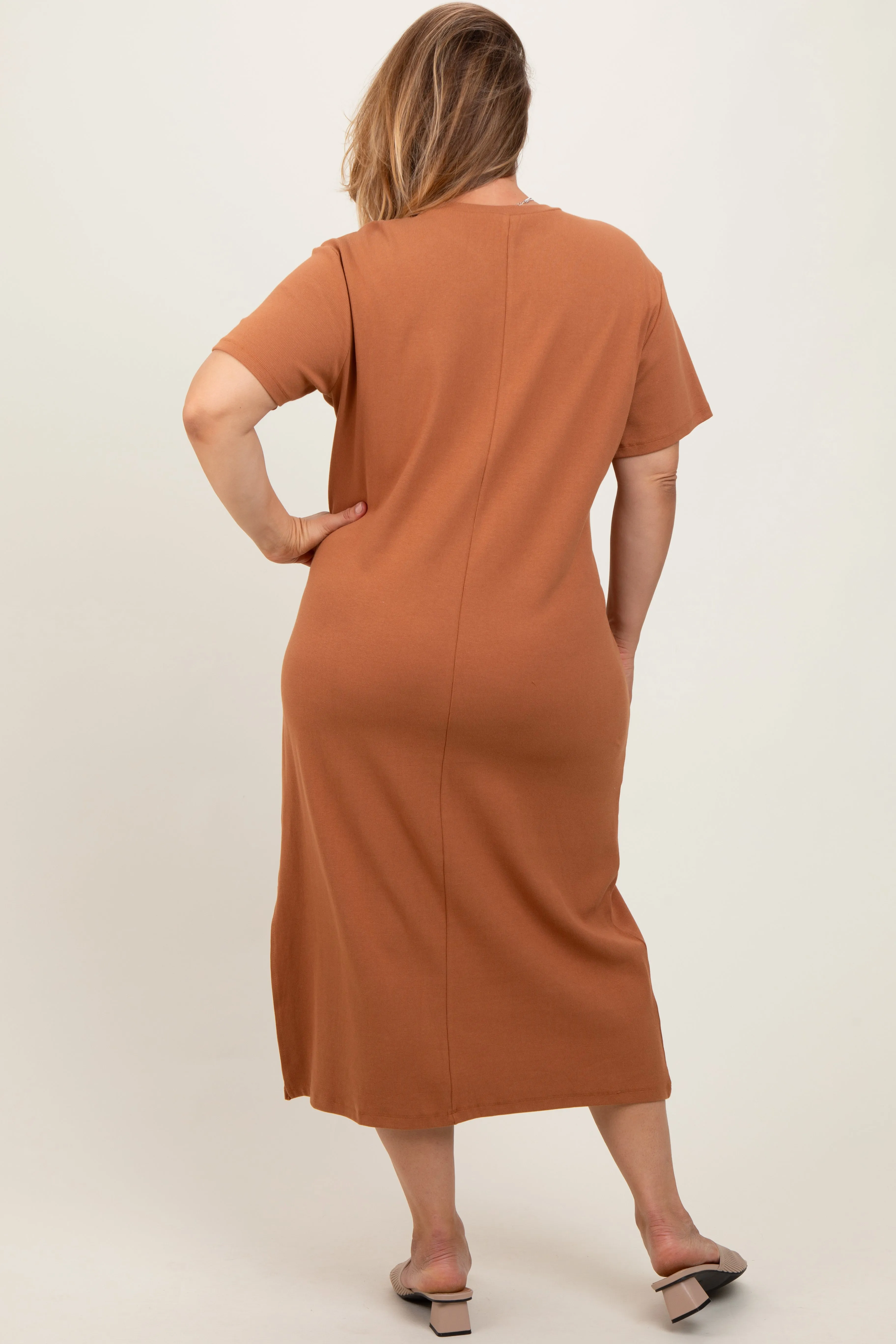 Camel Short Sleeve Side Slit Maternity Plus T-Shirt Midi Dress sold by Pinkblush product image thumbnail 3