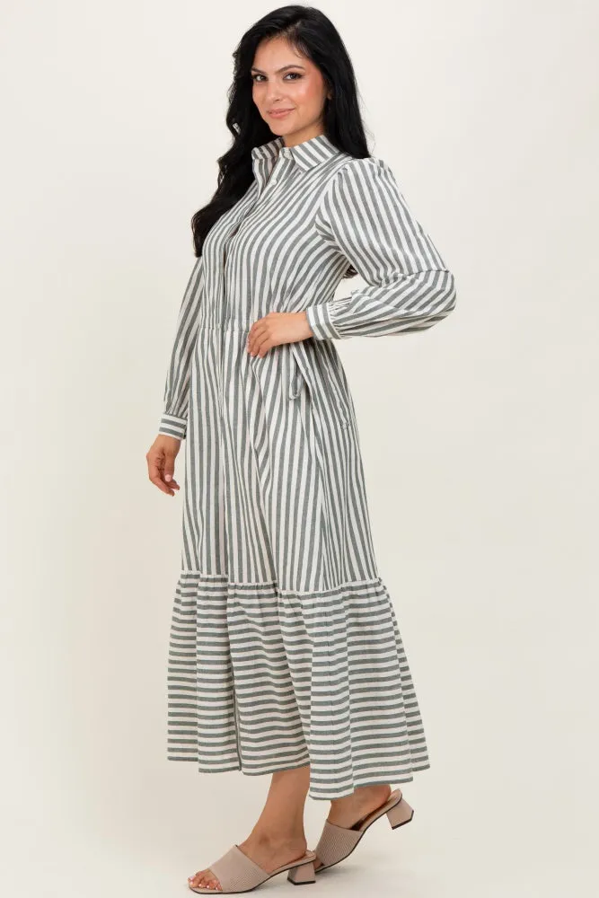 Green Striped Collared Button Down Waist Tie Maxi Dress sold by Pinkblush product image thumbnail 3