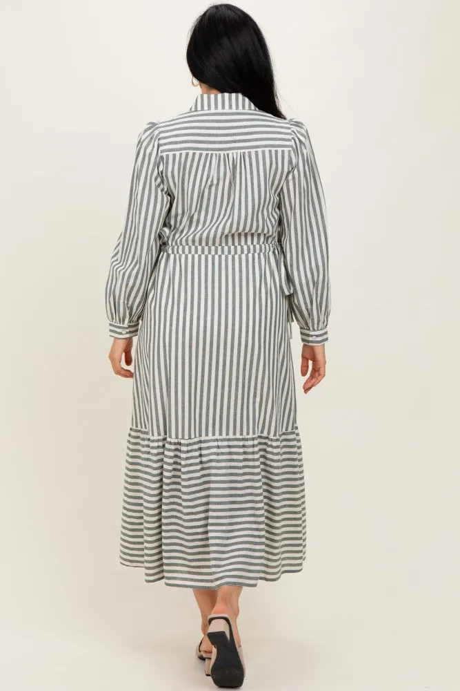 Green Striped Collared Button Down Waist Tie Maxi Dress sold by Pinkblush product image thumbnail 4