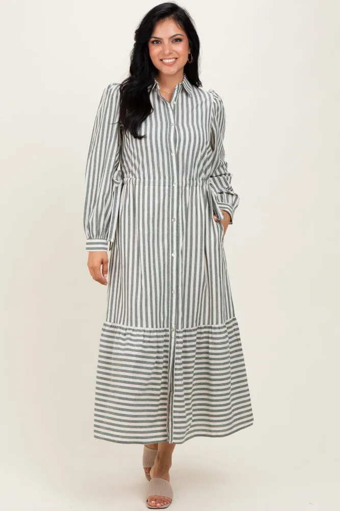 Green Striped Collared Button Down Waist Tie Maxi Dress sold by Pinkblush