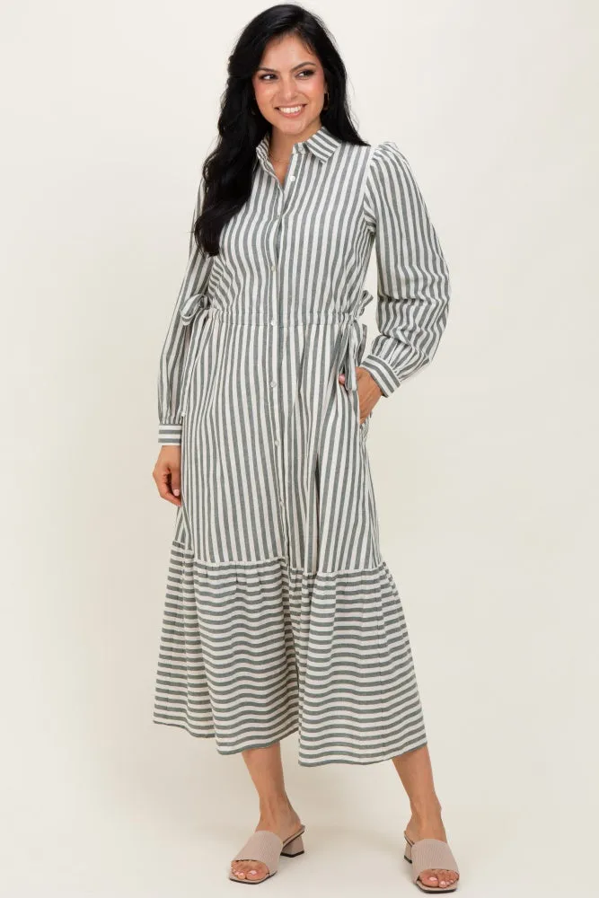 Green Striped Collared Button Down Waist Tie Maxi Dress sold by Pinkblush product image thumbnail 2
