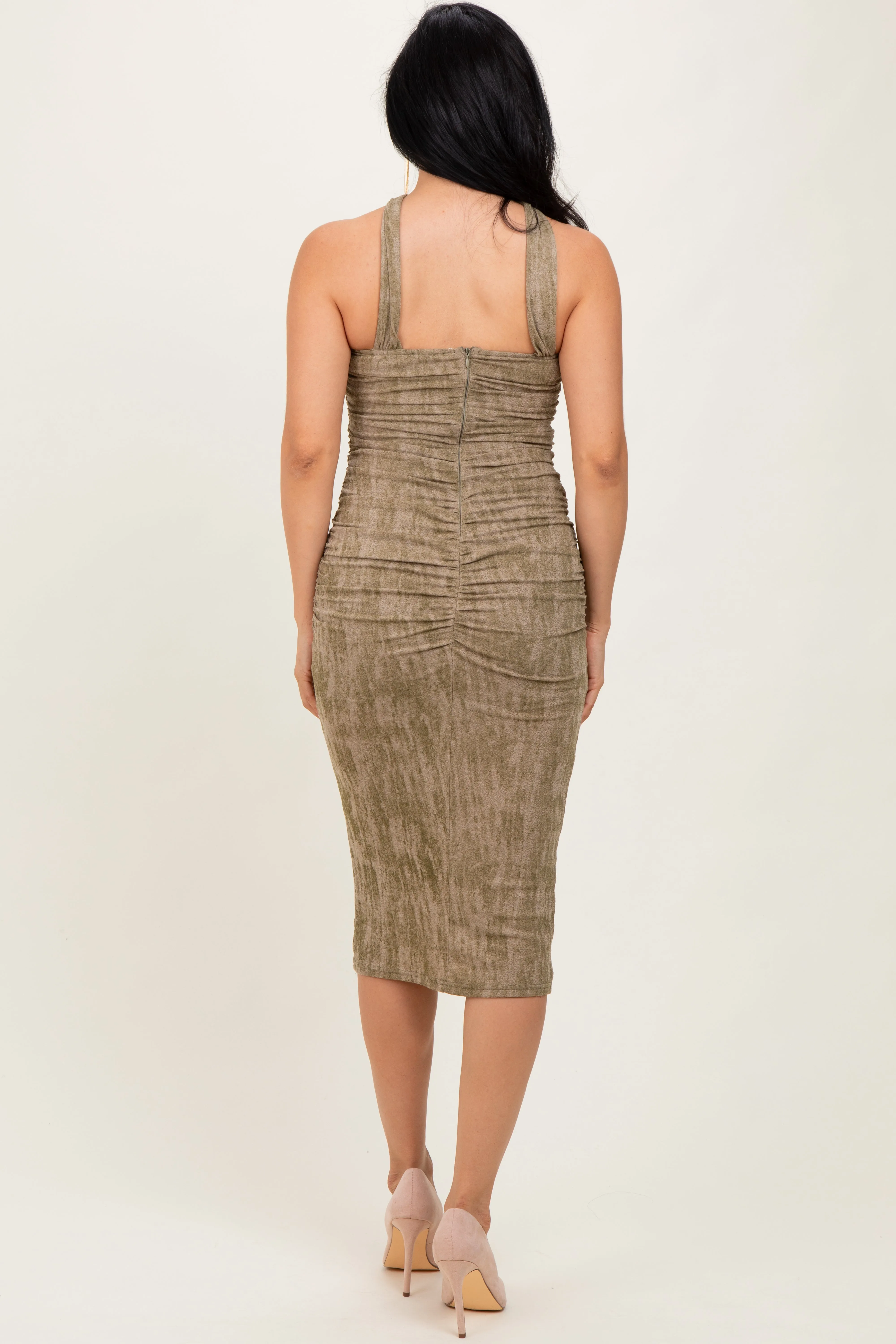 Olive Brushed Print Ruched Midi Dress sold by Pinkblush product image thumbnail 4