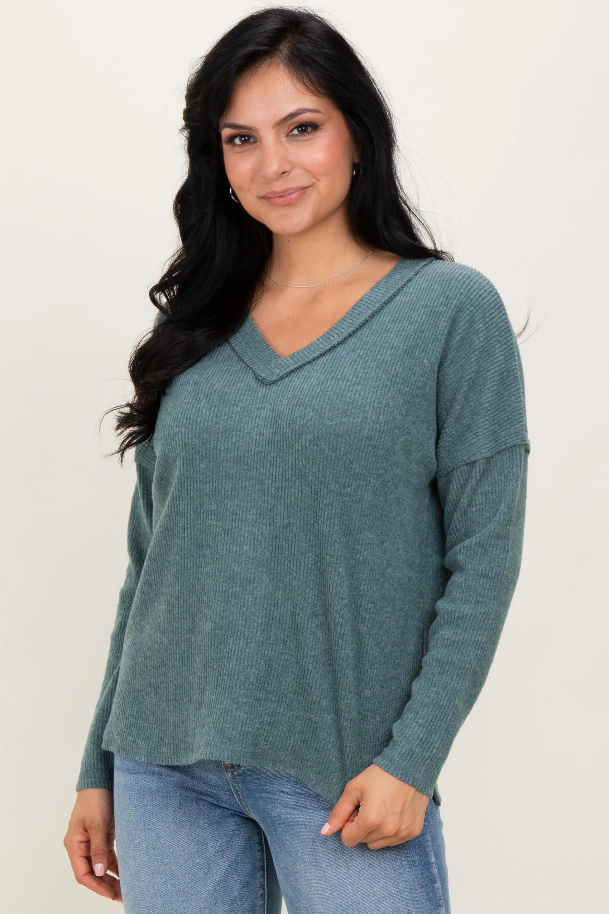Ash Jade Ribbed V-Neck Long Sleeve Top sold by Pinkblush
