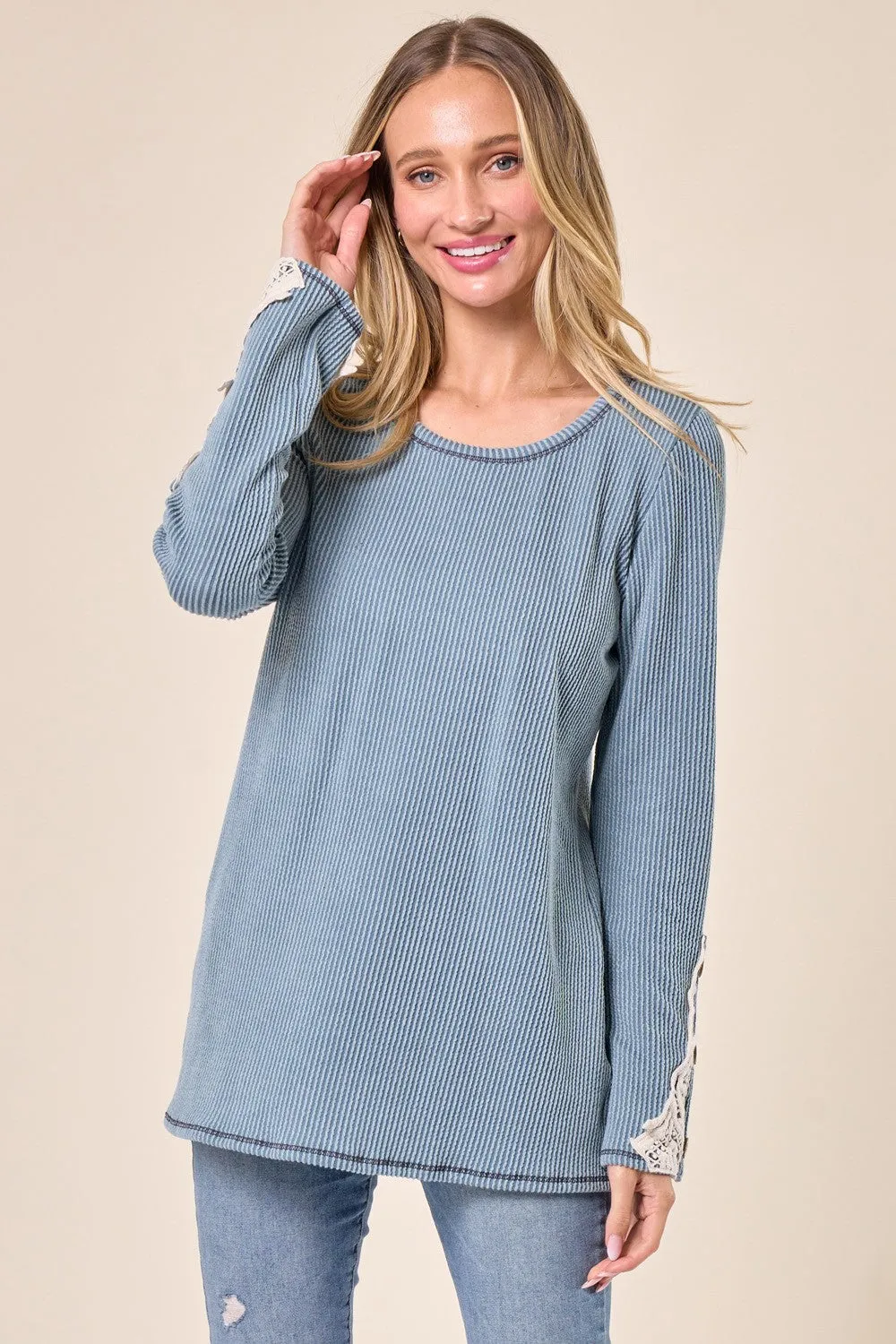 Light Blue Textured Rib Crochet Lace Detail Long Sleeve Top sold by Pinkblush