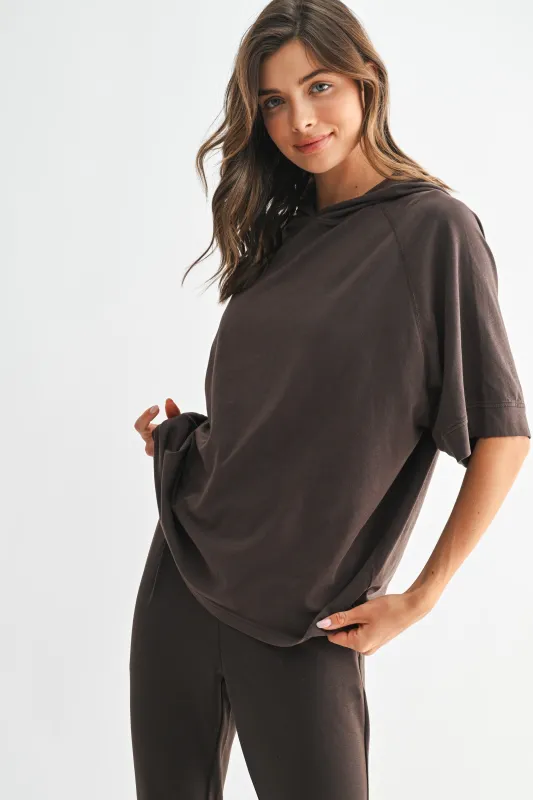 Brown Hooded Short Sleeve Top sold by Pinkblush