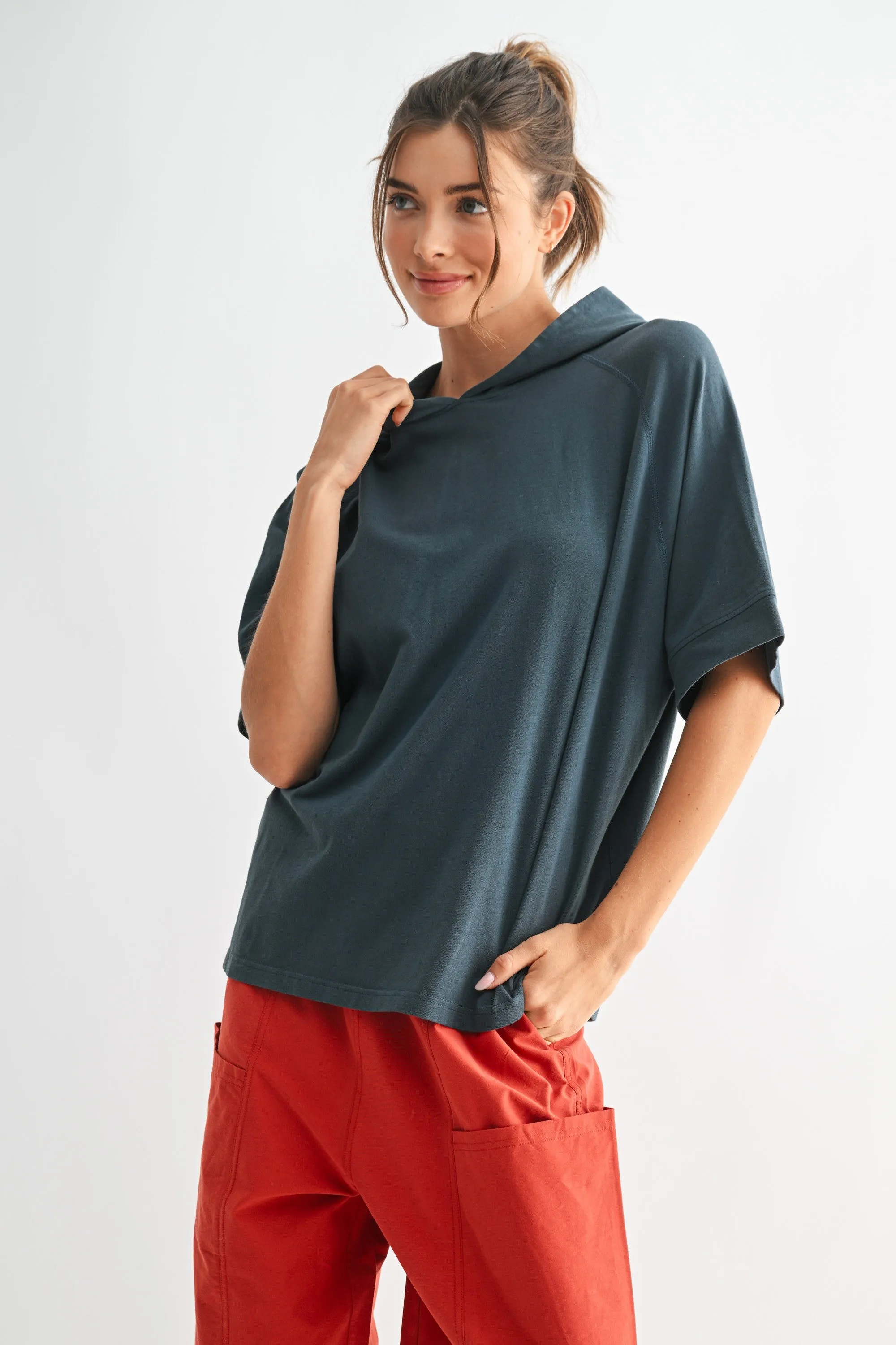 Navy Hooded Short Sleeve Top sold by Pinkblush