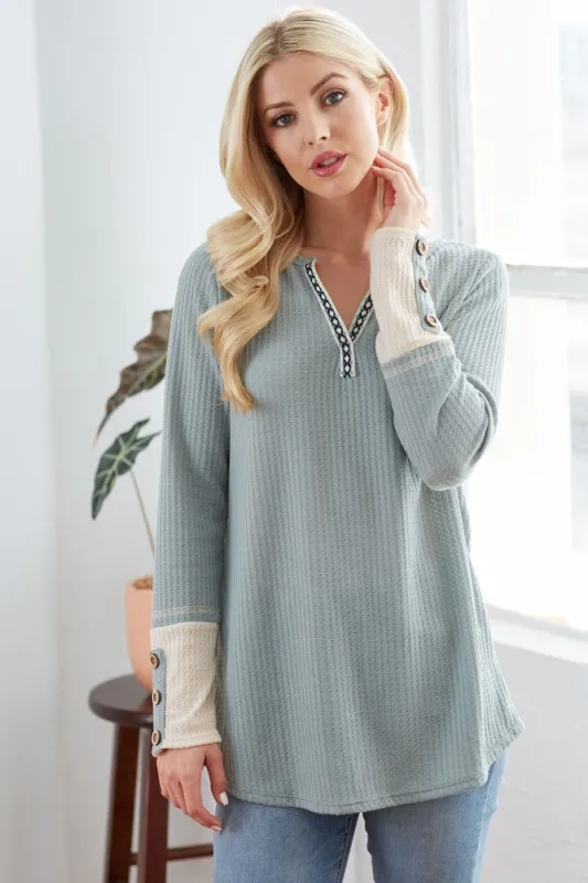 Mint Green Waffle Knit Colorblock Long Sleeve Top sold by Pinkblush