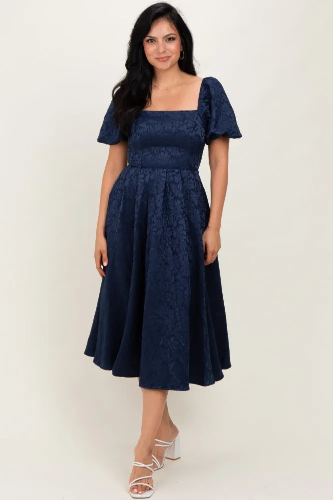 Navy Floral Jacquard Puff Sleeve Midi Dress sold by Pinkblush product image thumbnail 2