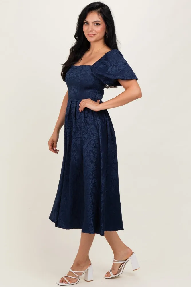 Navy Floral Jacquard Puff Sleeve Midi Dress sold by Pinkblush product image thumbnail 3