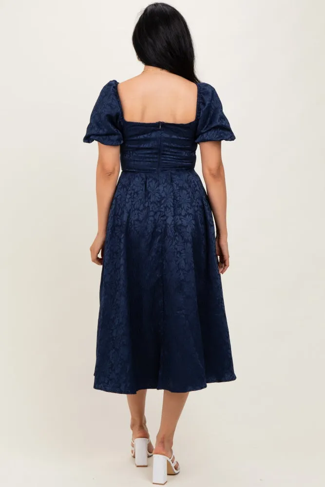 Navy Floral Jacquard Puff Sleeve Midi Dress sold by Pinkblush product image thumbnail 4