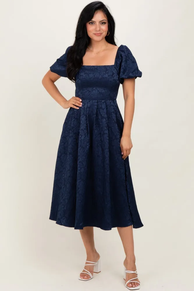 Navy Floral Jacquard Puff Sleeve Midi Dress sold by Pinkblush