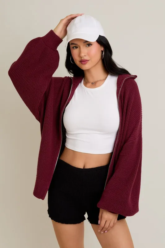 Burgundy Oversized Zip Up Cardigan sold by Pinkblush
