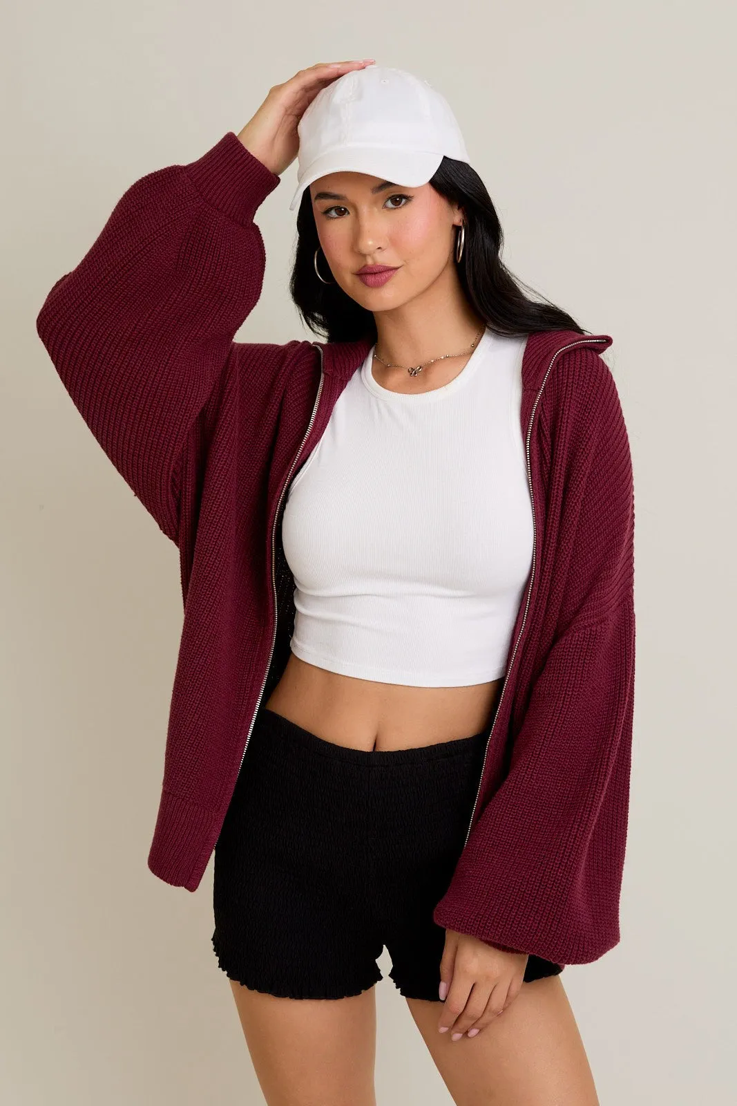Burgundy Oversized Zip Up Cardigan sold by Pinkblush