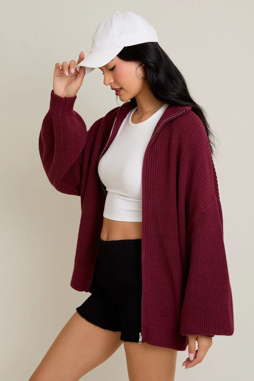 Burgundy Oversized Zip Up Cardigan sold by Pinkblush product image thumbnail 2
