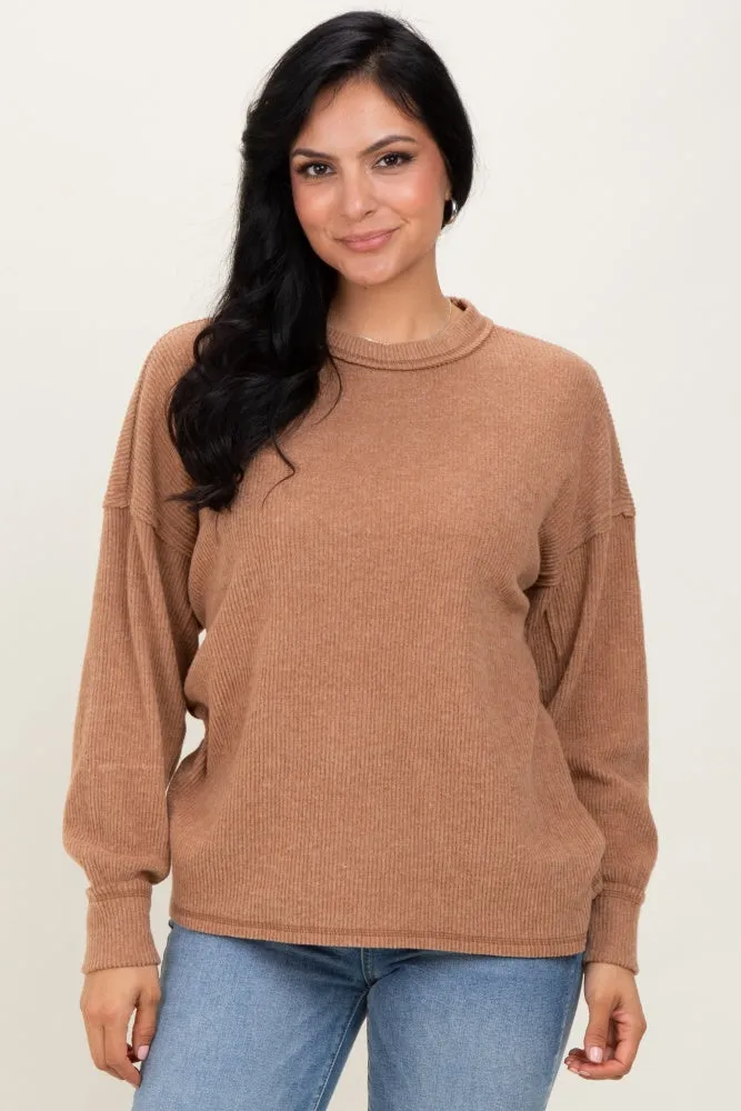 Camel Brushed Ribbed Knit Pullover sold by Pinkblush