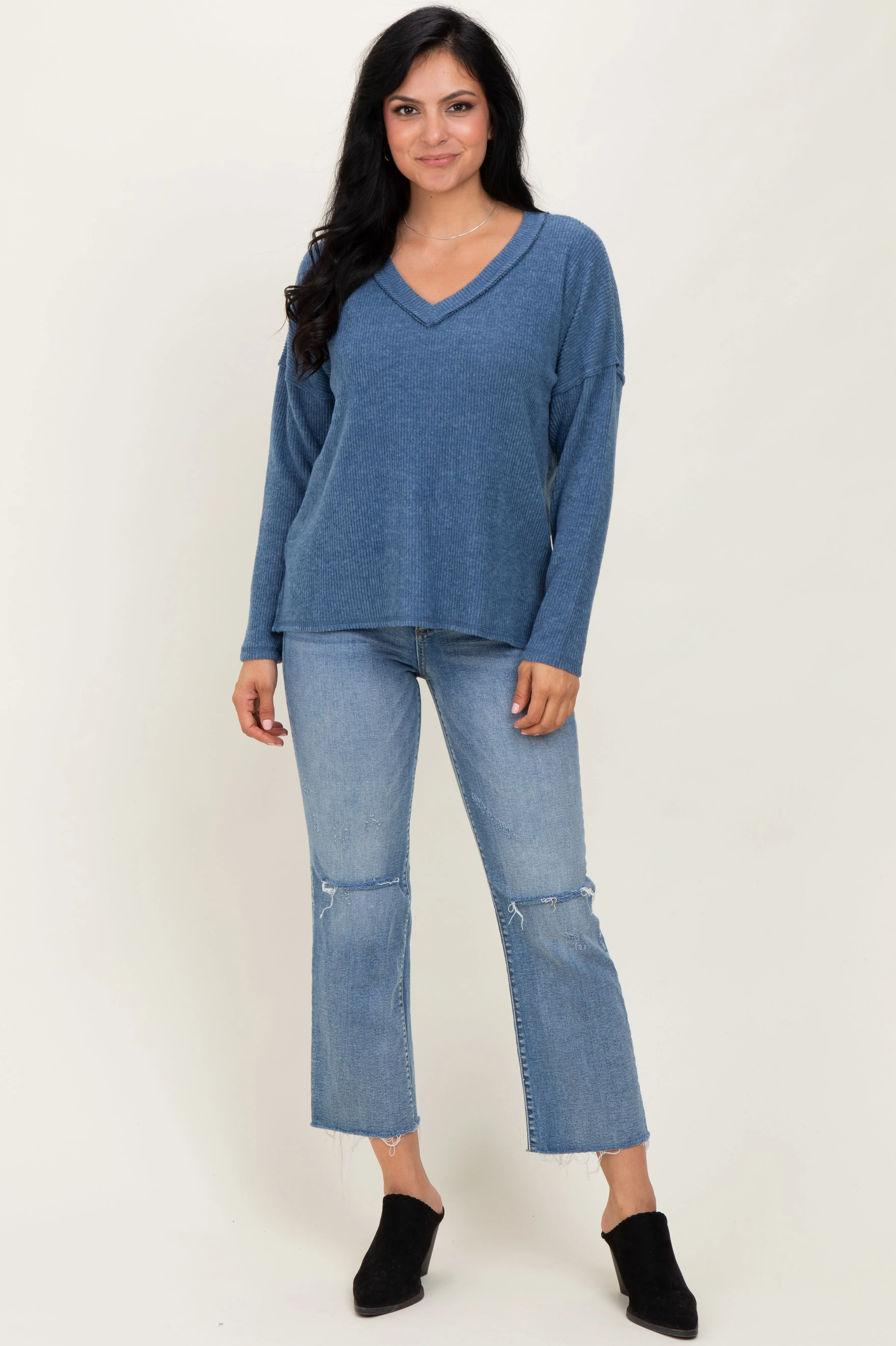 Dusty Blue Ribbed V-Neck Long Sleeve Top sold by Pinkblush product image thumbnail 2