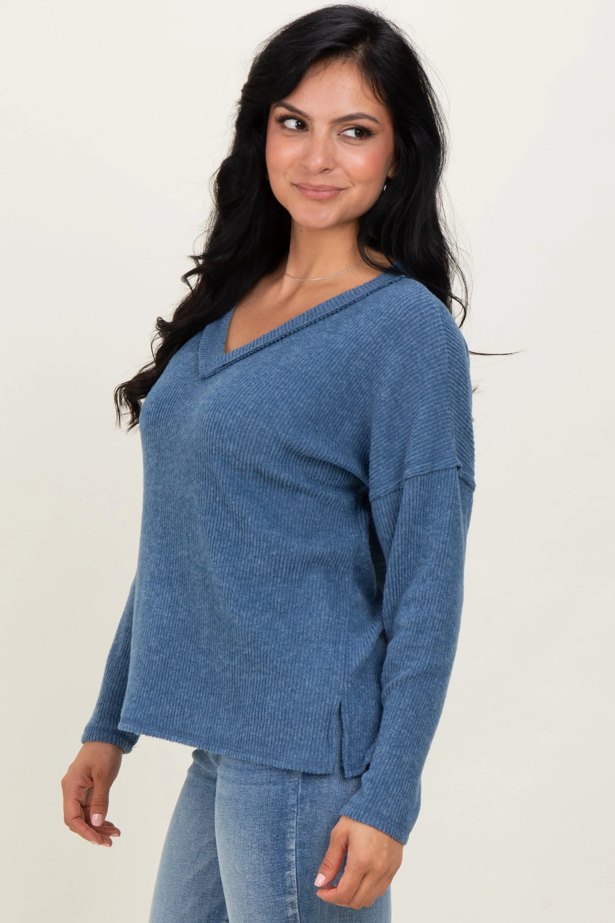 Dusty Blue Ribbed V-Neck Long Sleeve Top sold by Pinkblush product image thumbnail 3