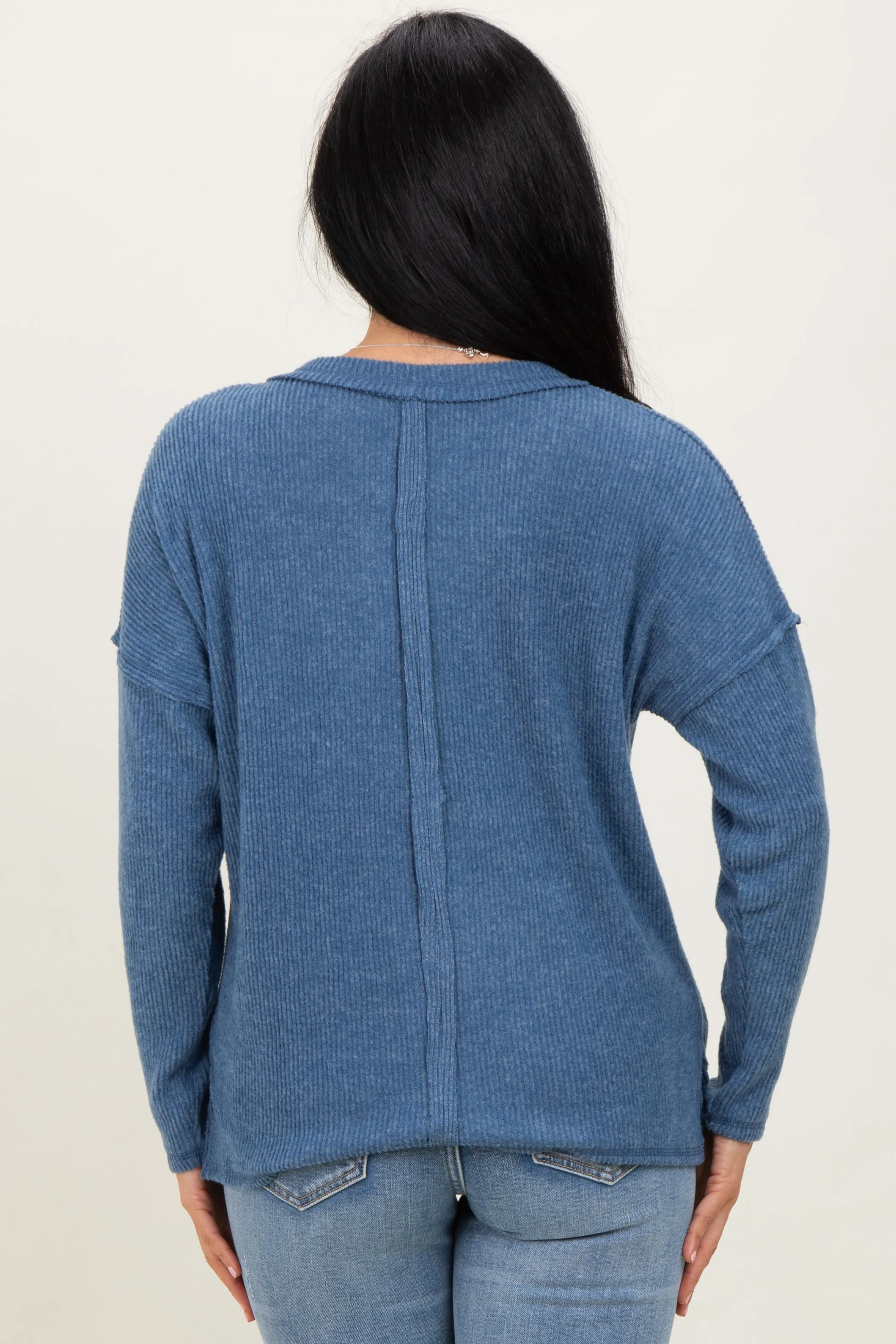 Dusty Blue Ribbed V-Neck Long Sleeve Top sold by Pinkblush product image thumbnail 4