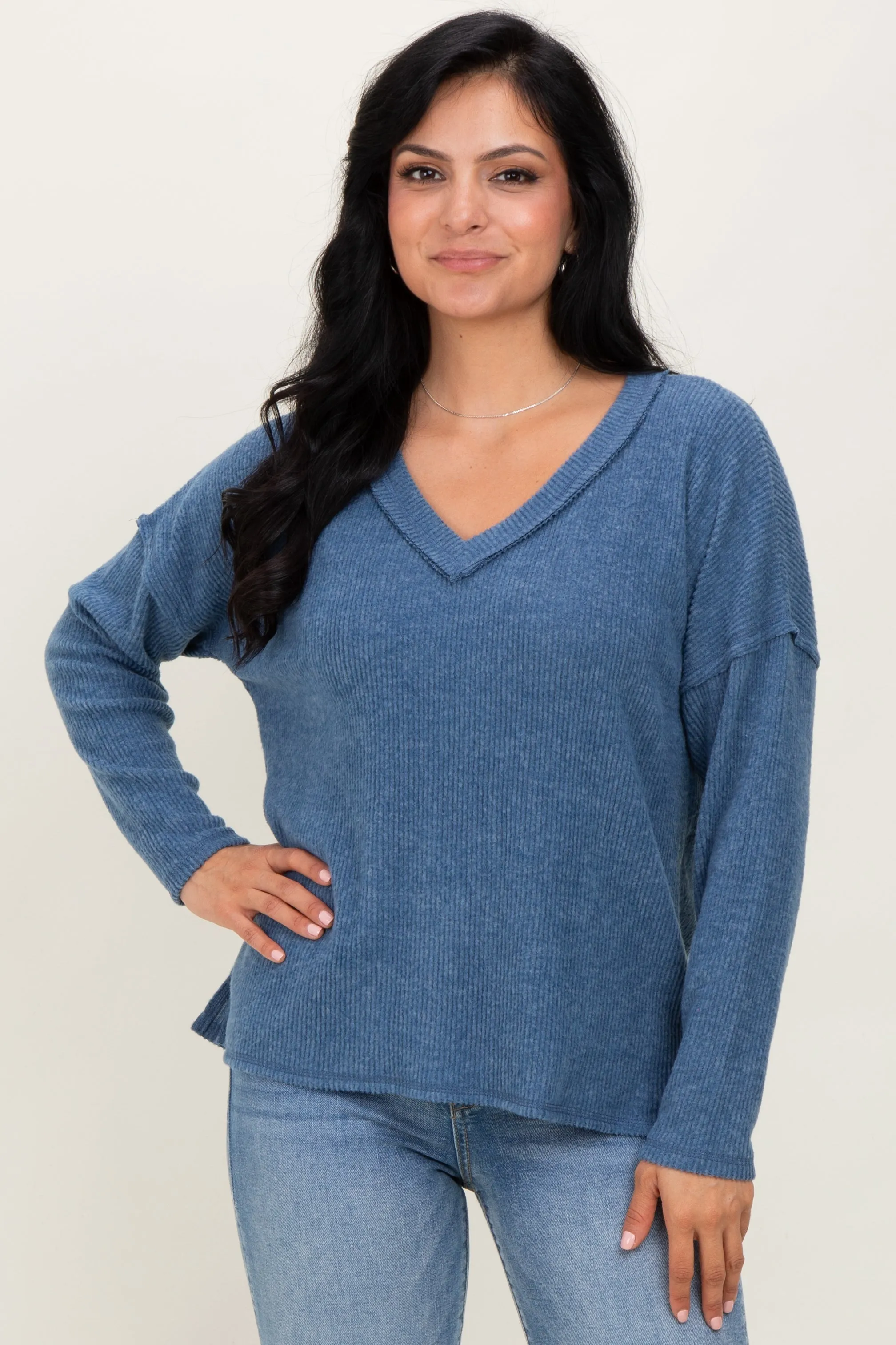 Dusty Blue Ribbed V-Neck Long Sleeve Top sold by Pinkblush
