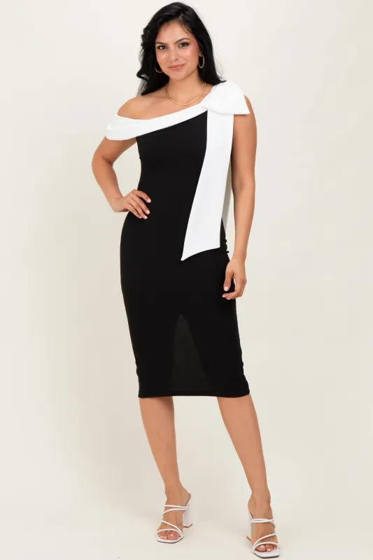 Black Oversized Bow One Shoulder Midi Dress sold by Pinkblush
