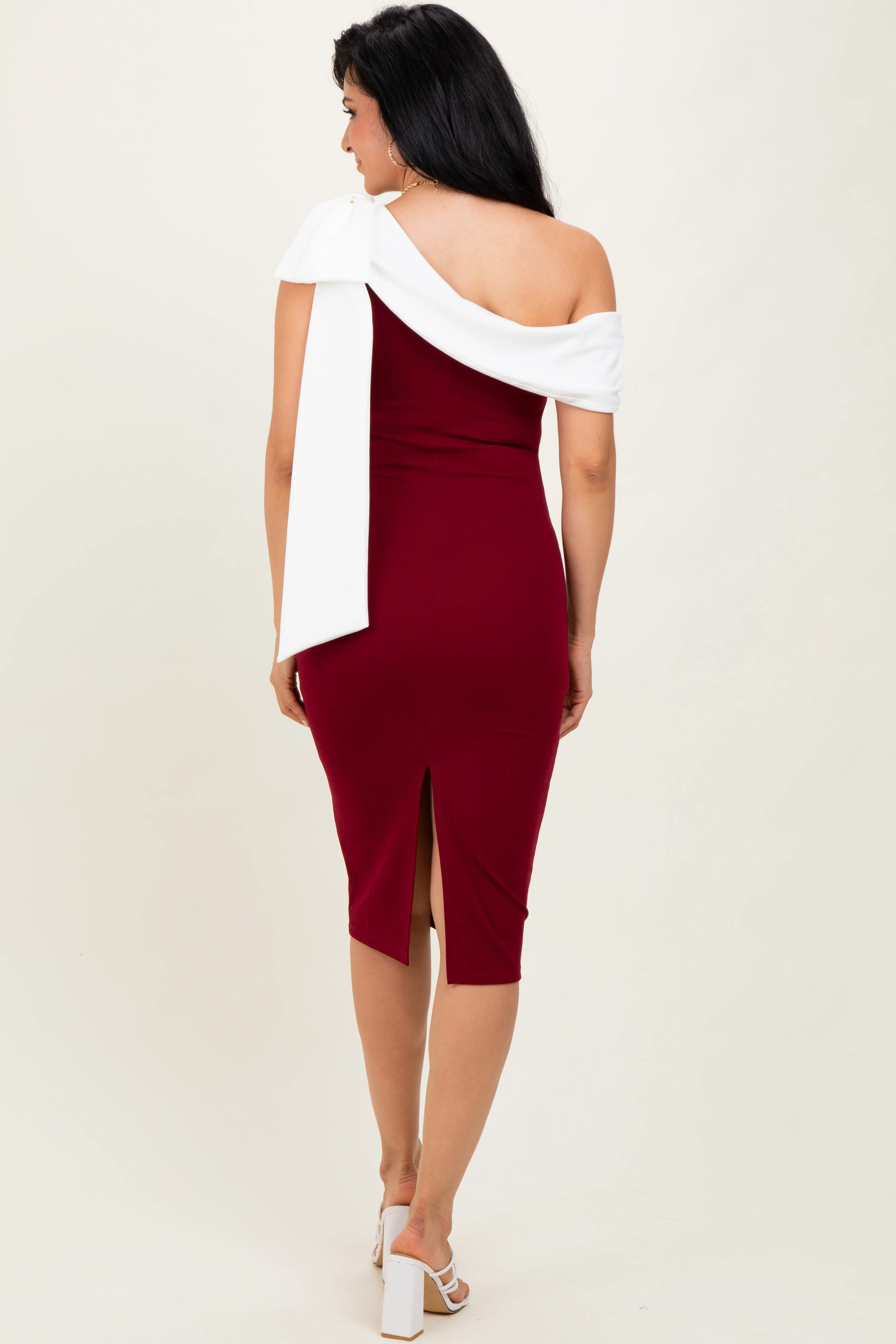Burgundy Oversized Bow One Shoulder Midi Dress sold by Pinkblush product image thumbnail 3