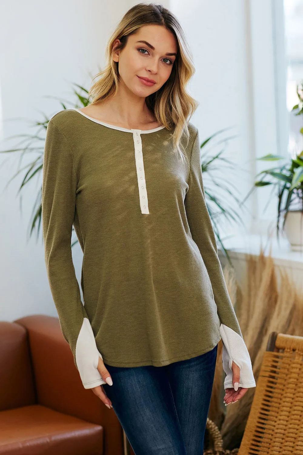 Olive Colorblock Snap Button Henley sold by Pinkblush product image thumbnail 2