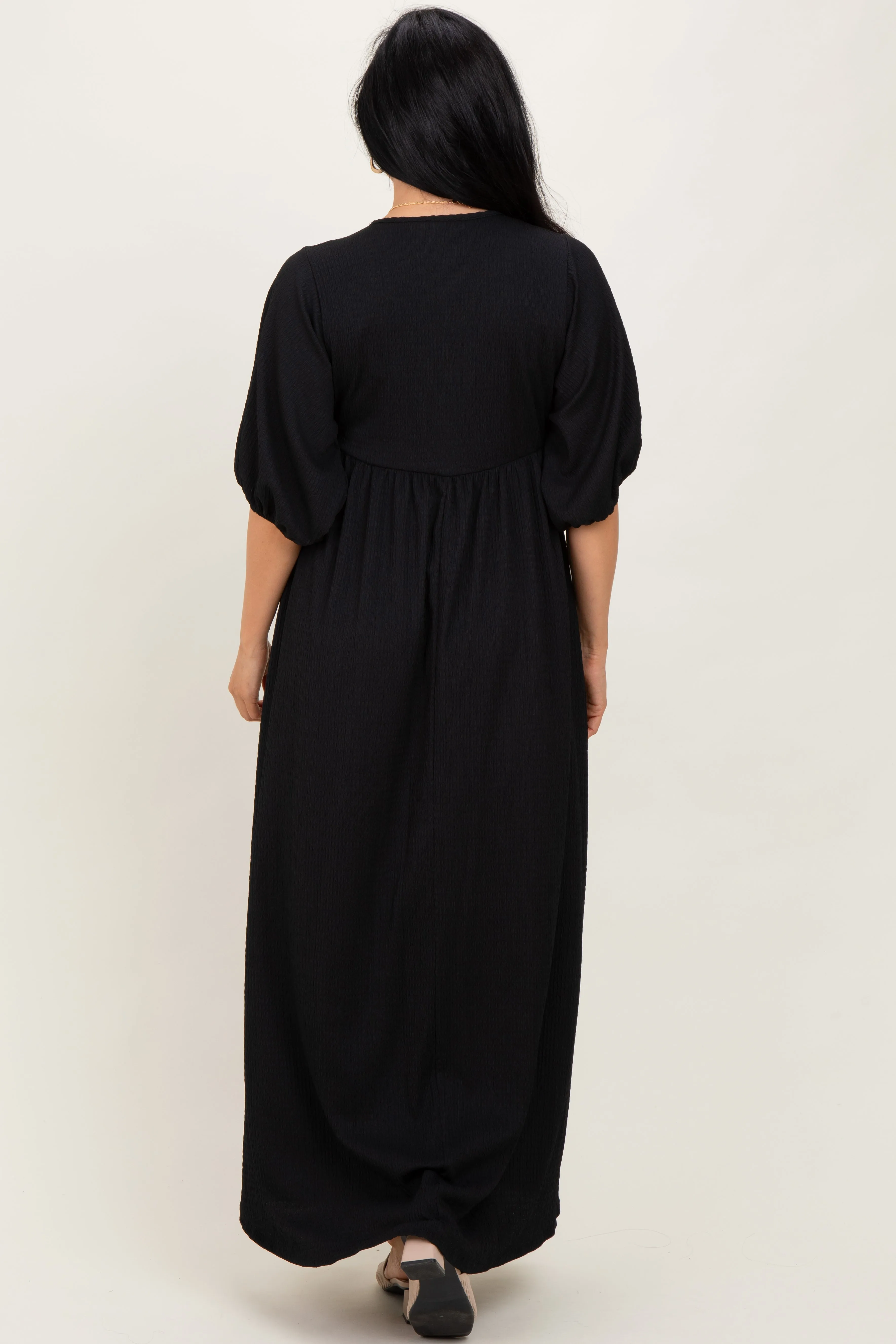 Black Solid Woven 3/4 Sleeve V-Neck Button Down Maxi Dress sold by Pinkblush product image thumbnail 3