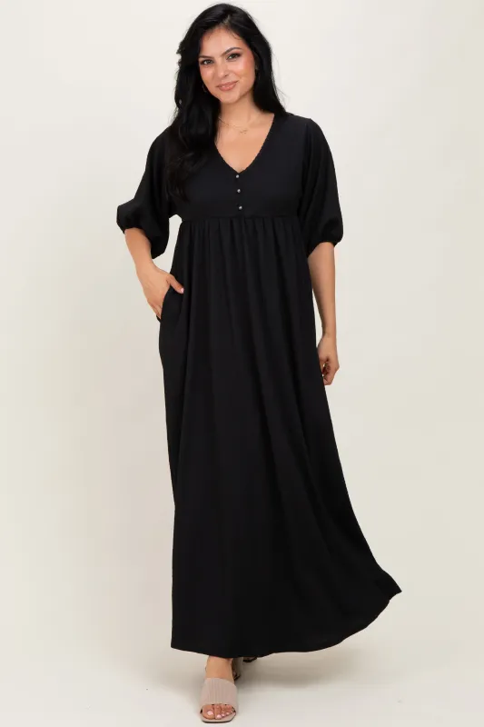 Black Solid Woven 3/4 Sleeve V-Neck Button Down Maxi Dress sold by Pinkblush