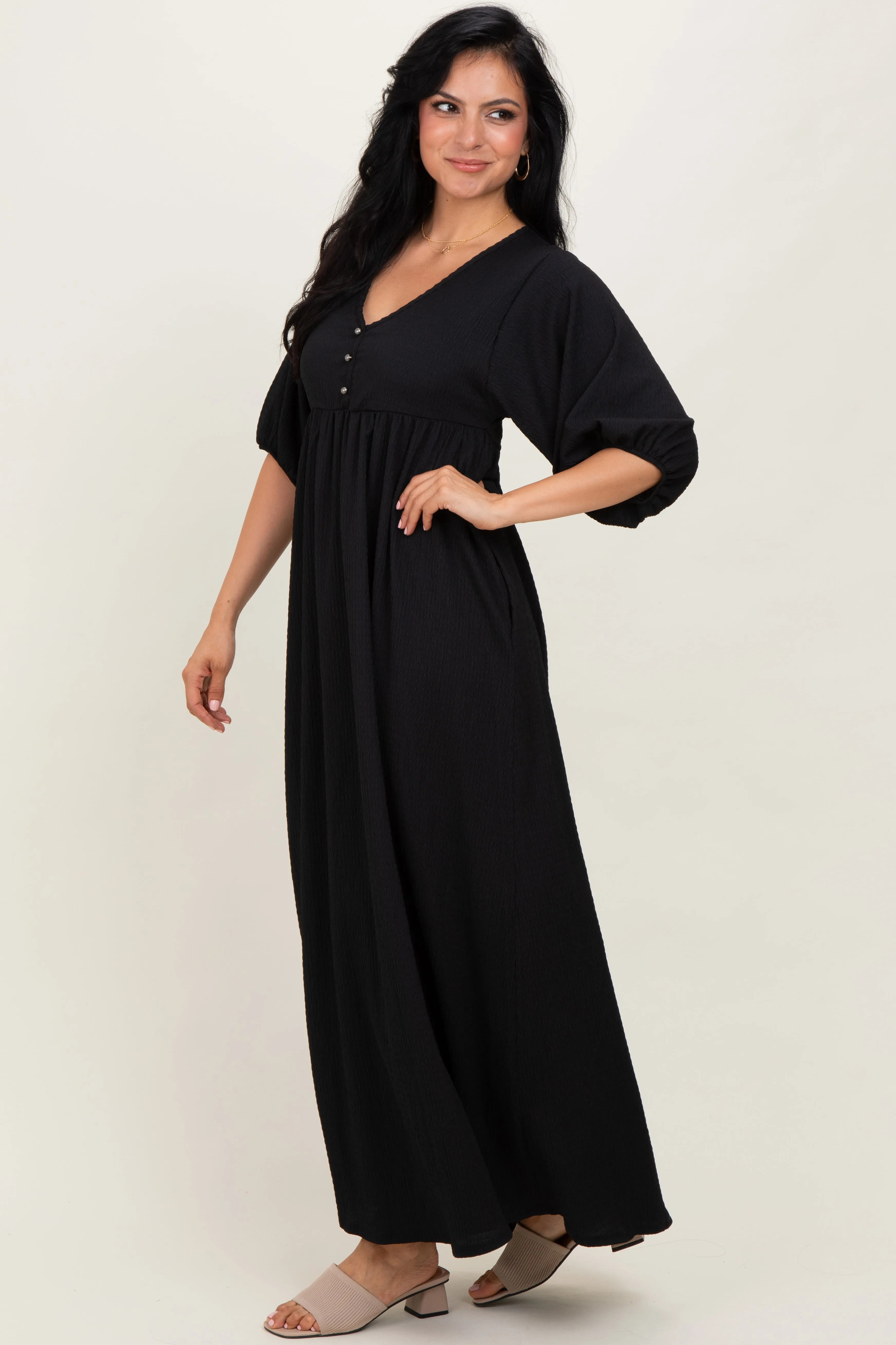 Black Solid Woven 3/4 Sleeve V-Neck Button Down Maxi Dress sold by Pinkblush product image thumbnail 2