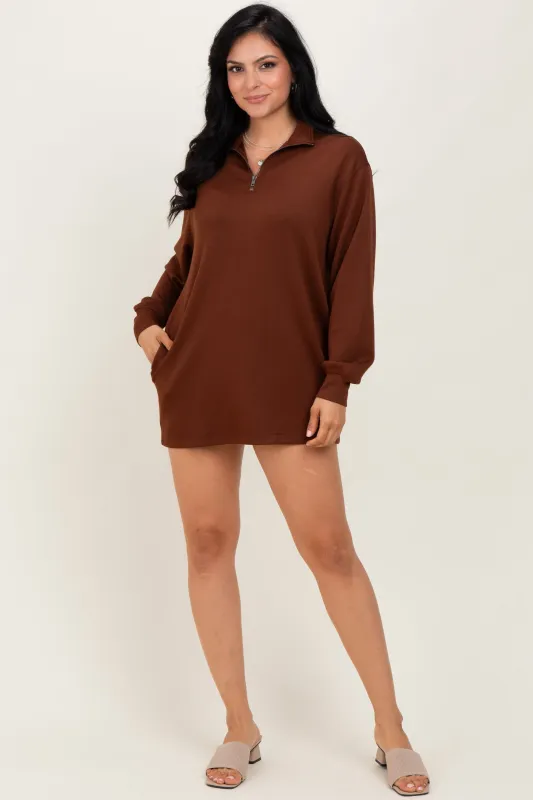 Brown Half Zip Long Sleeve Mini Dress sold by Pinkblush
