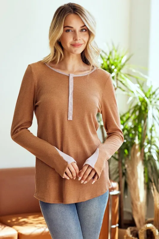 Camel Colorblock Snap Button Henley sold by Pinkblush