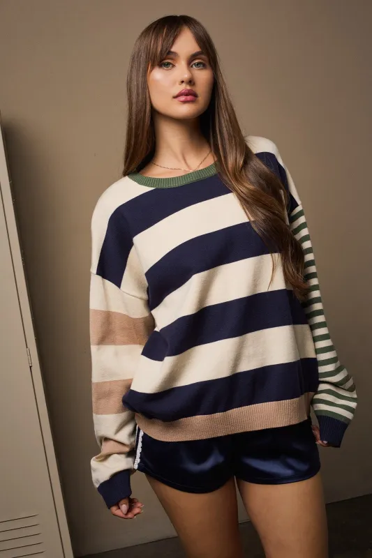 Navy Colorblock Stripe Oversized Sweater sold by Pinkblush