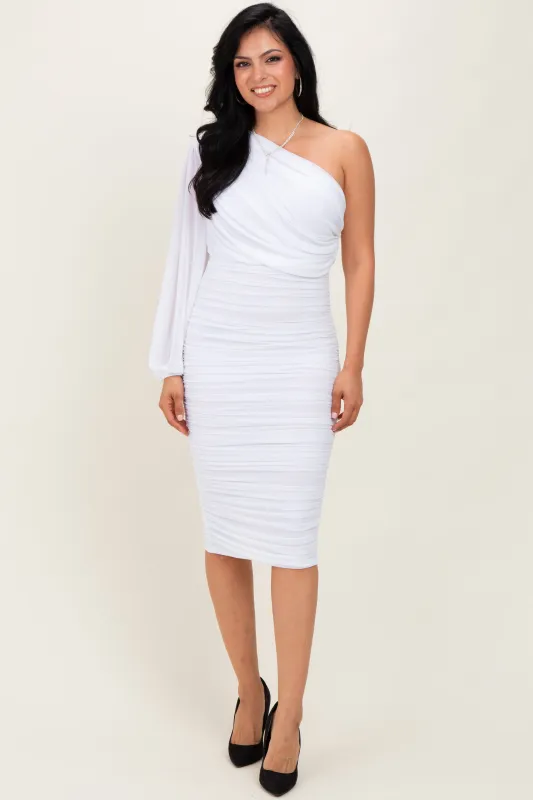 White Ruched Mesh One Shoulder Long Sleeve Midi Dress sold by Pinkblush