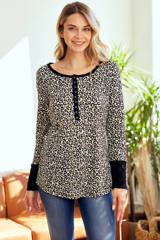 Cream Animal Print Henley Top sold by Pinkblush