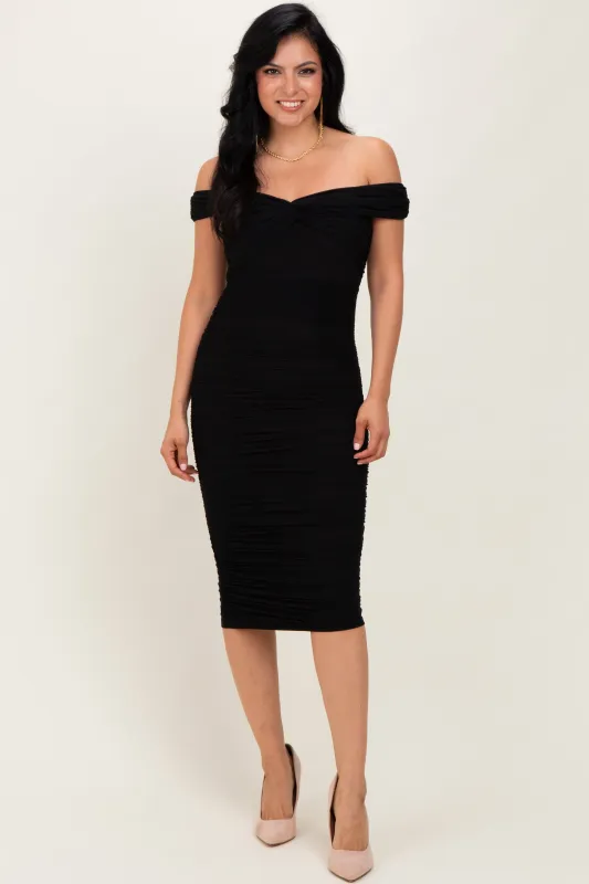 Black Mesh Off Shoulder Twist Front Midi Dress sold by Pinkblush