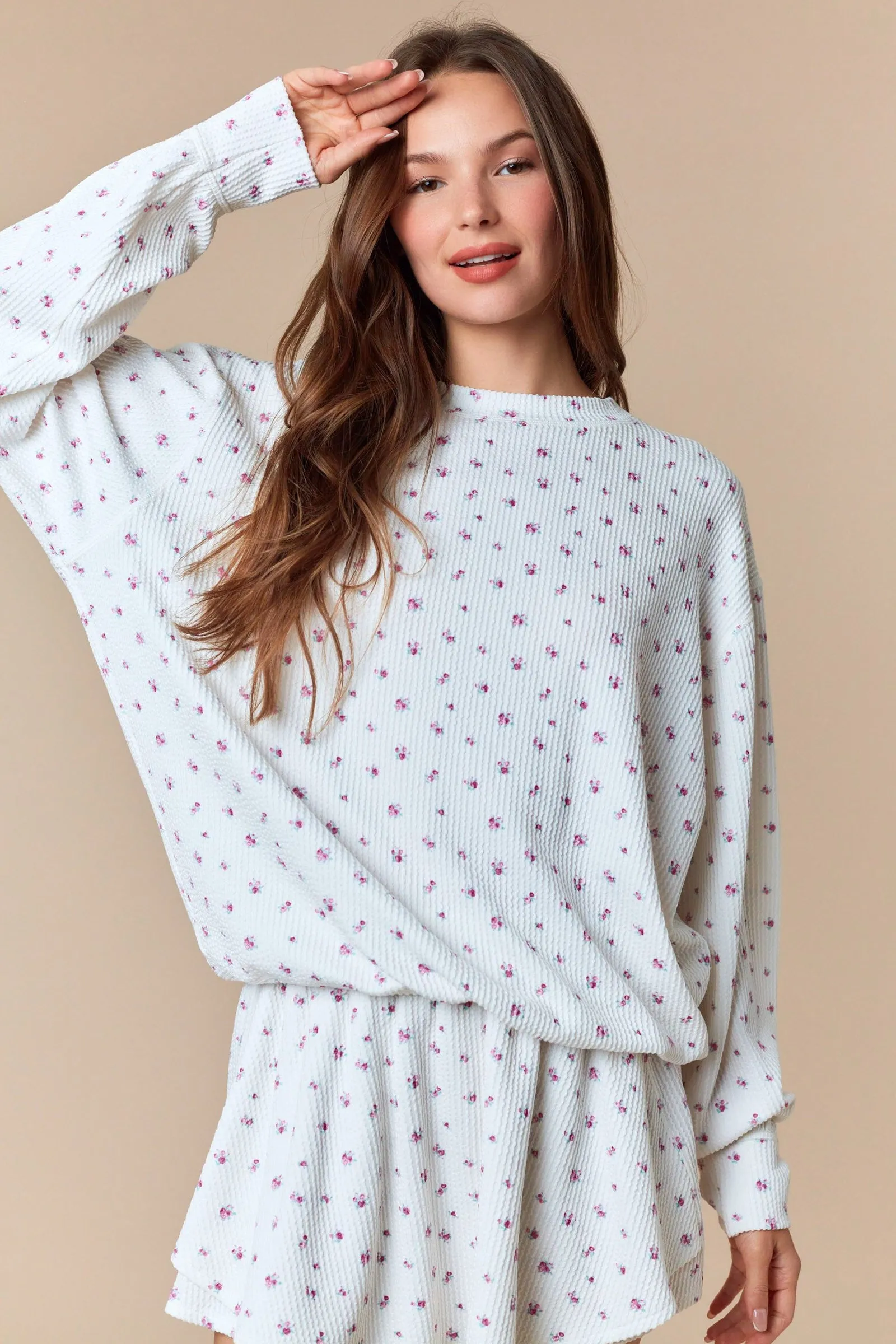 Magenta Floral Waffle Knit Oversized Long Sleeve Top sold by Pinkblush product image thumbnail 2