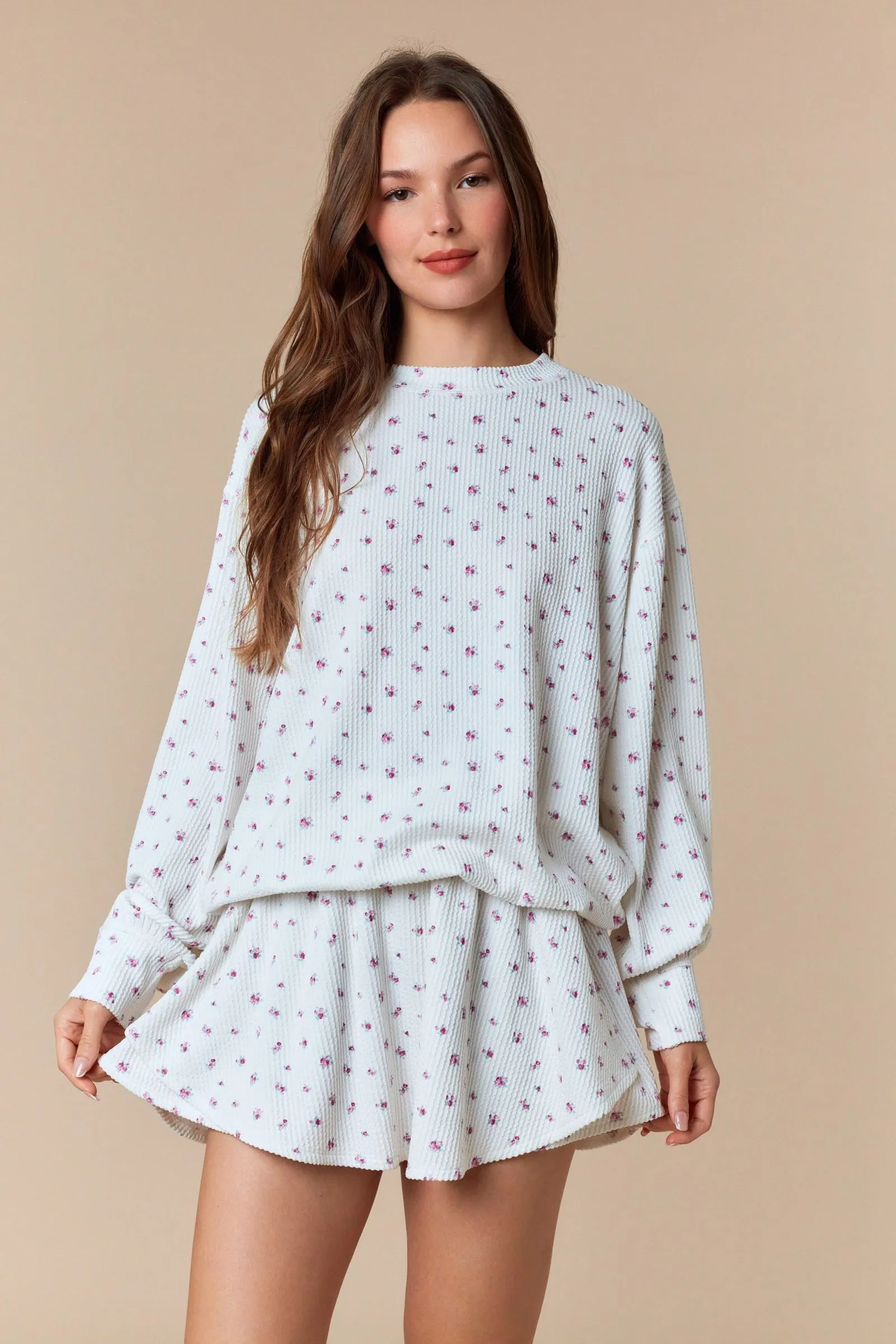 Magenta Floral Waffle Knit Oversized Long Sleeve Top sold by Pinkblush