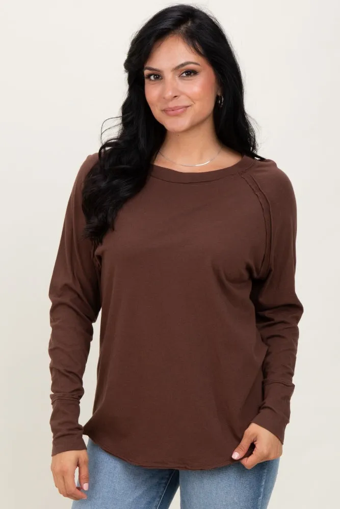 Brown Exposed Seam Long Sleeve Top sold by Pinkblush