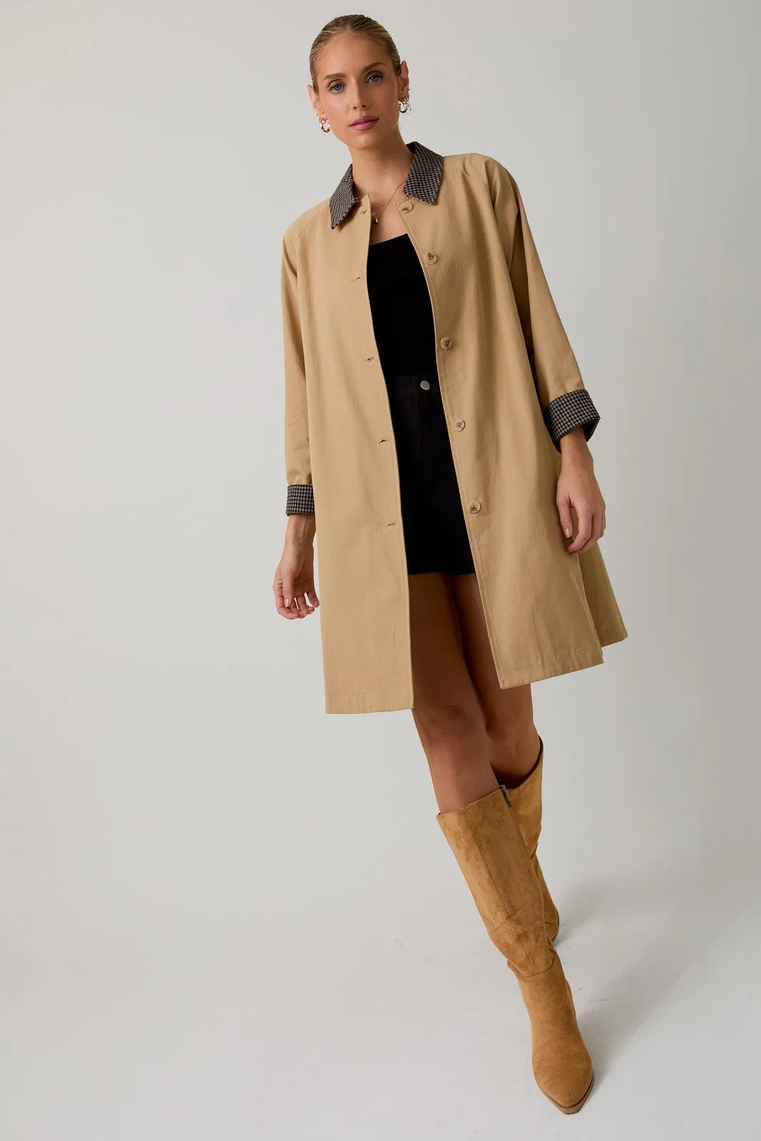 Camel Plaid Contrast A-Line Midi Trench Coat sold by Pinkblush product image thumbnail 4