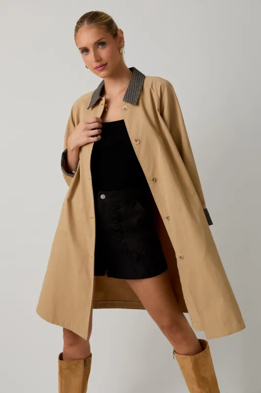Camel Plaid Contrast A-Line Midi Trench Coat sold by Pinkblush