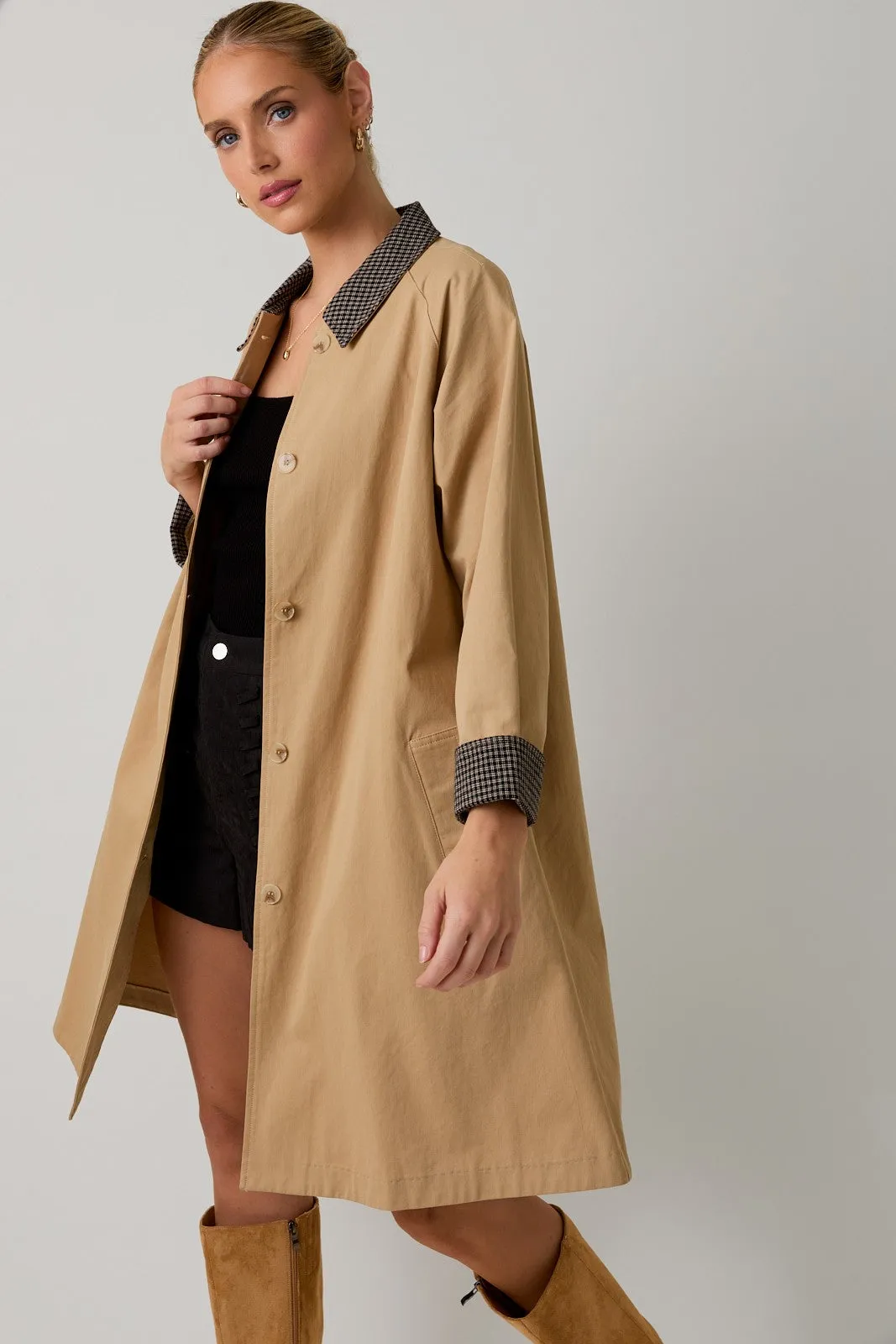 Camel Plaid Contrast A-Line Midi Trench Coat sold by Pinkblush product image thumbnail 2