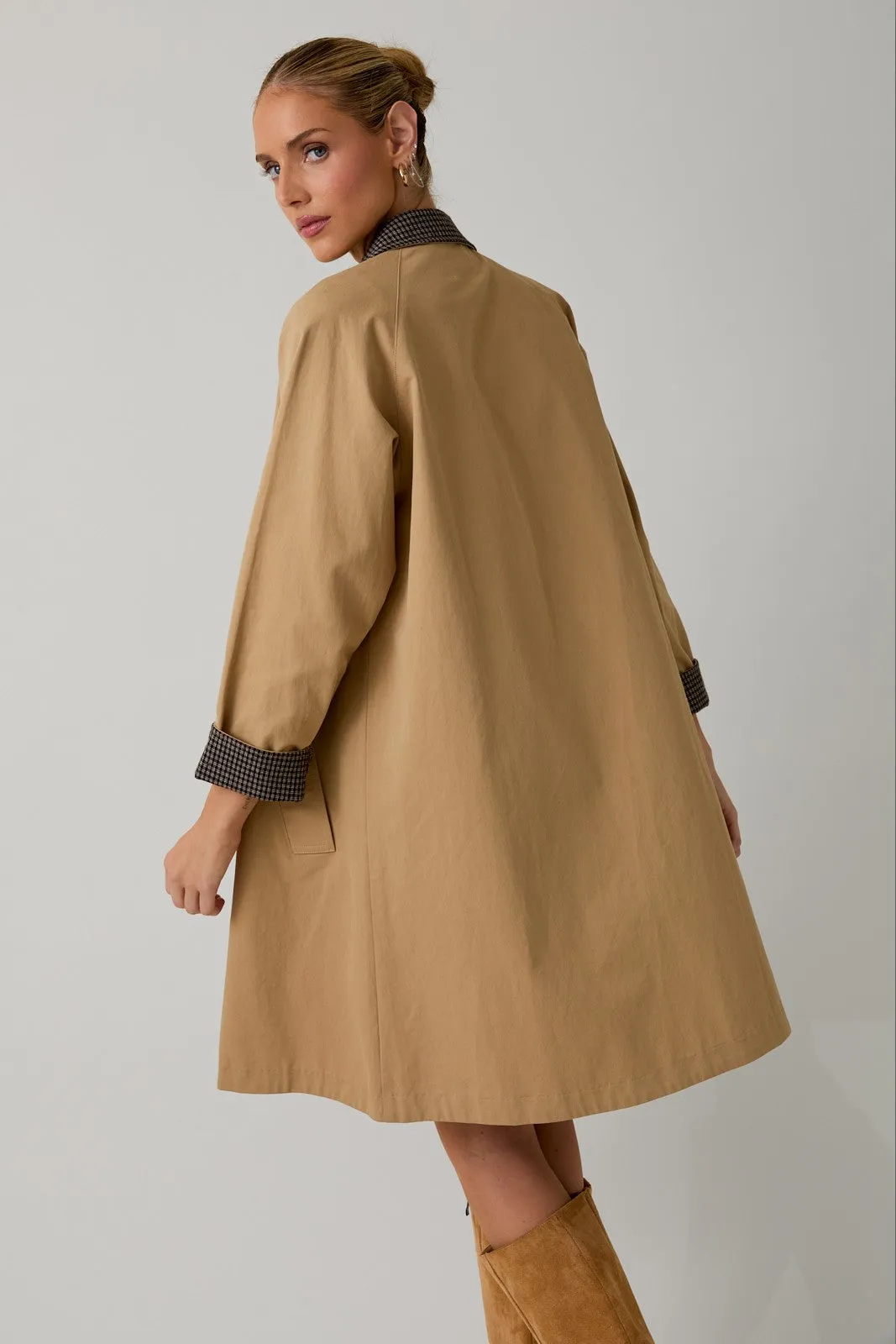 Camel Plaid Contrast A-Line Midi Trench Coat sold by Pinkblush product image thumbnail 3