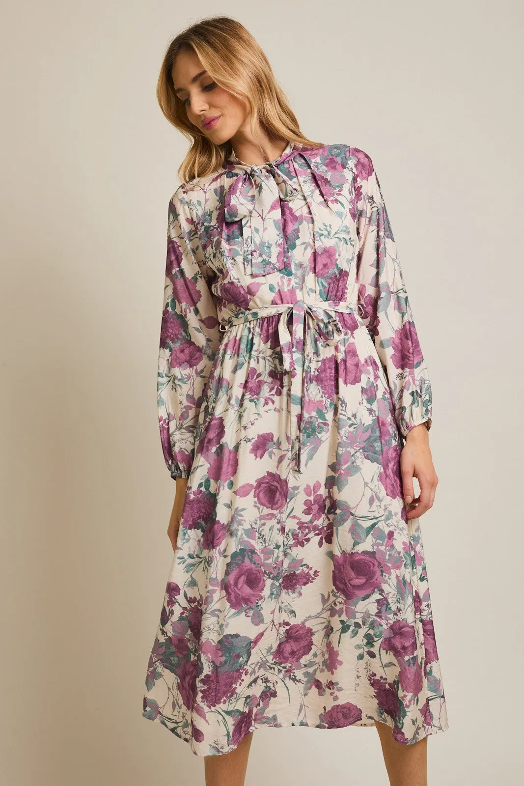 Cream Floral Neck Tie Long Sleeve Midi Dress sold by Pinkblush product image thumbnail 4