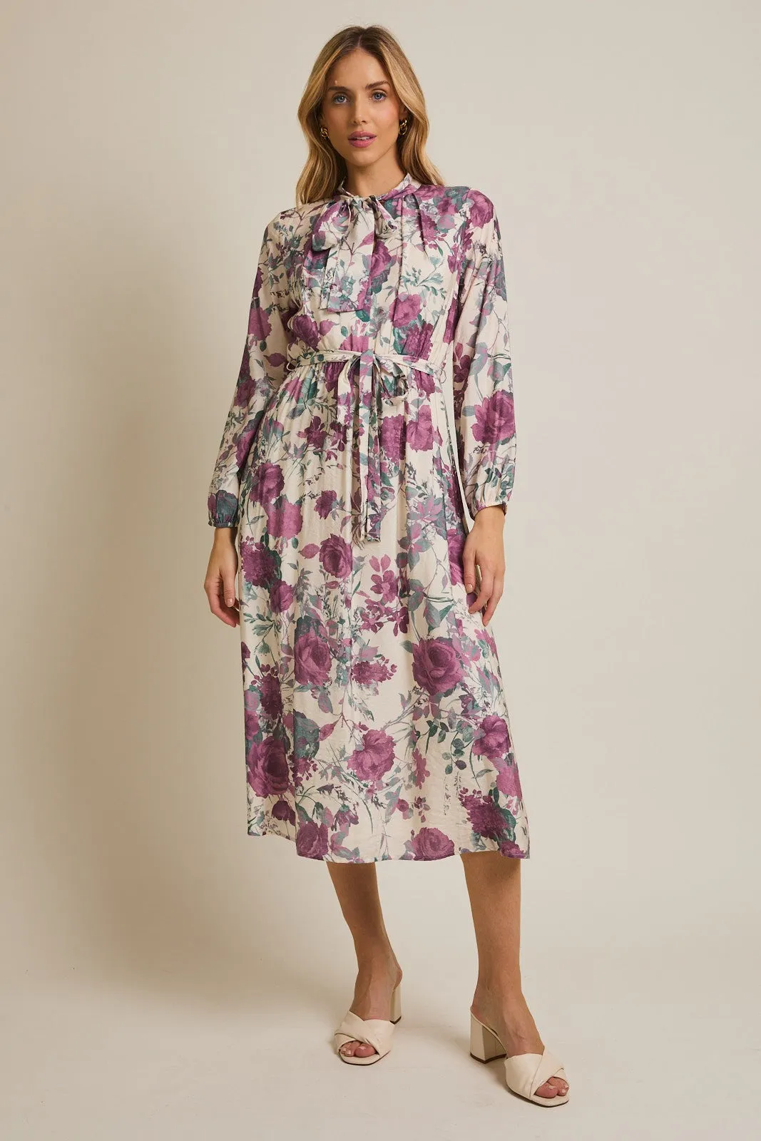 Cream Floral Neck Tie Long Sleeve Midi Dress sold by Pinkblush