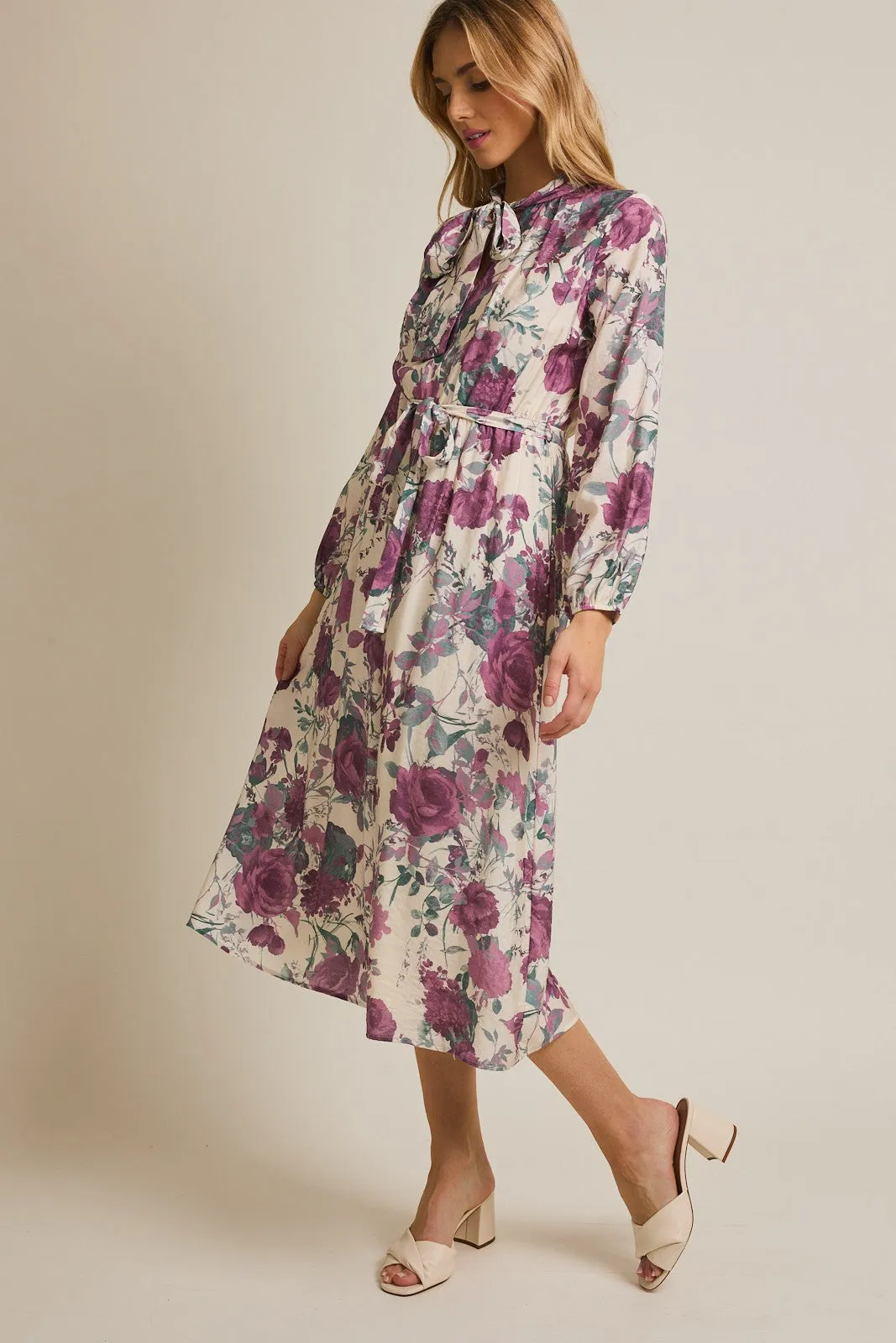 Cream Floral Neck Tie Long Sleeve Midi Dress sold by Pinkblush product image thumbnail 2