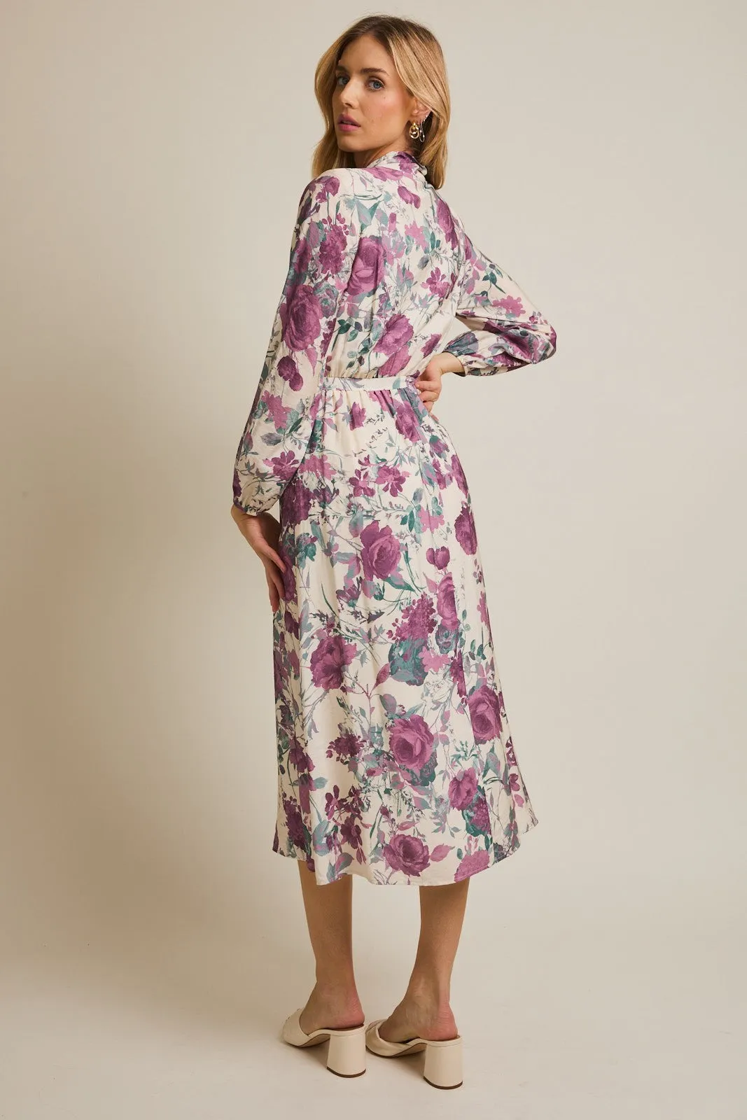 Cream Floral Neck Tie Long Sleeve Midi Dress sold by Pinkblush product image thumbnail 3
