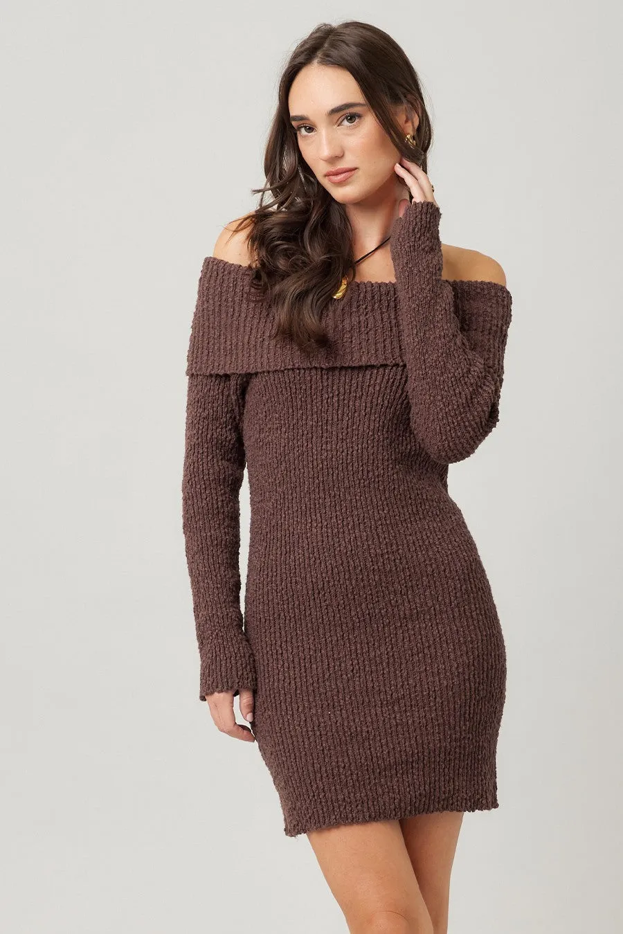Brown Off The Shoulder Knit Sweater Mini Dress sold by Pinkblush