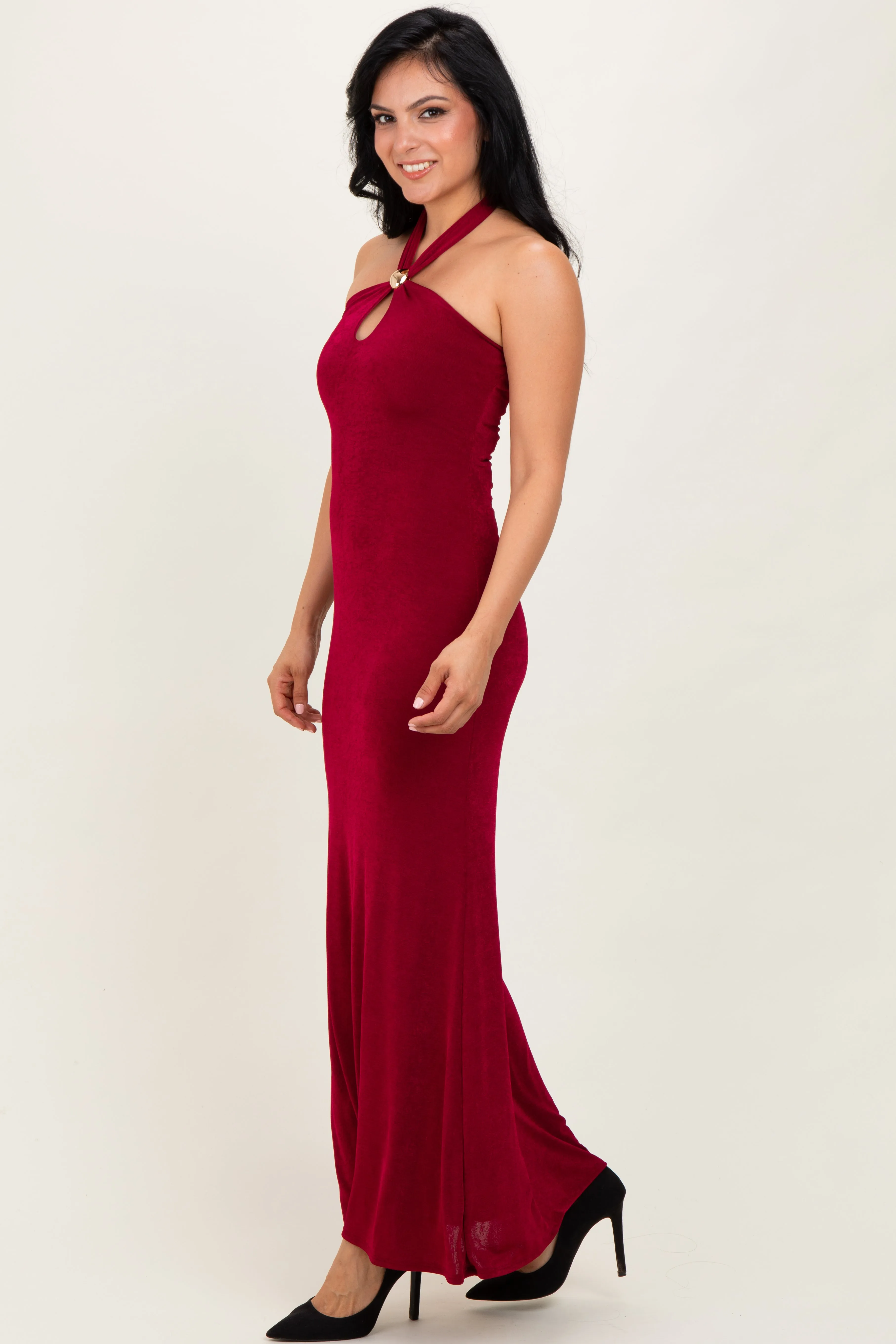 Burgundy Halter Pendant Maxi Dress sold by Pinkblush product image thumbnail 3