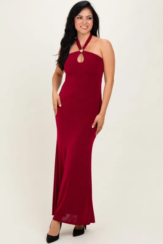 Burgundy Halter Pendant Maxi Dress sold by Pinkblush
